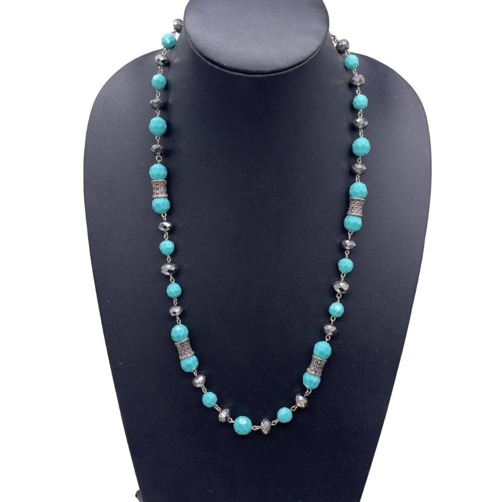 Crown Trifari Blue Beaded Necklace Silver Tone 27 to 32.5 In Boho Beachy Ethnic